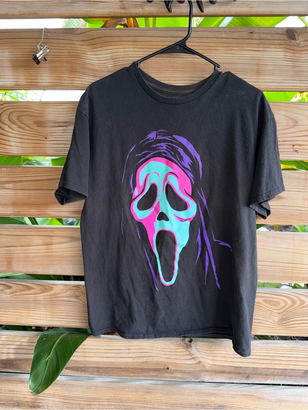 Black Graphic Tee with Neon Ghost Face